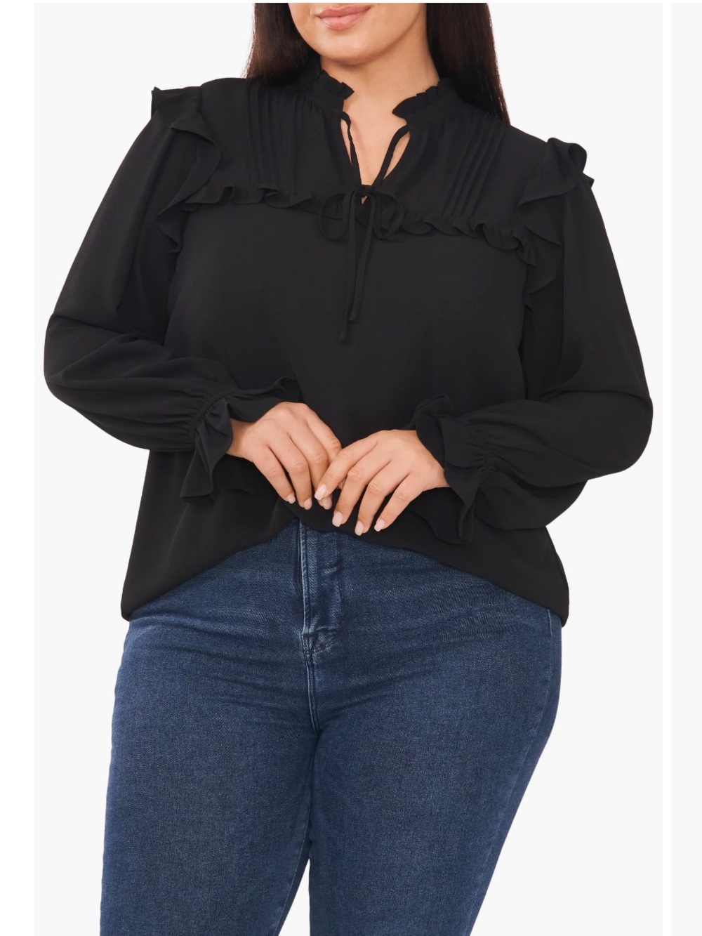 CeCe Black Ruffle Pin-tuck Blouse #92